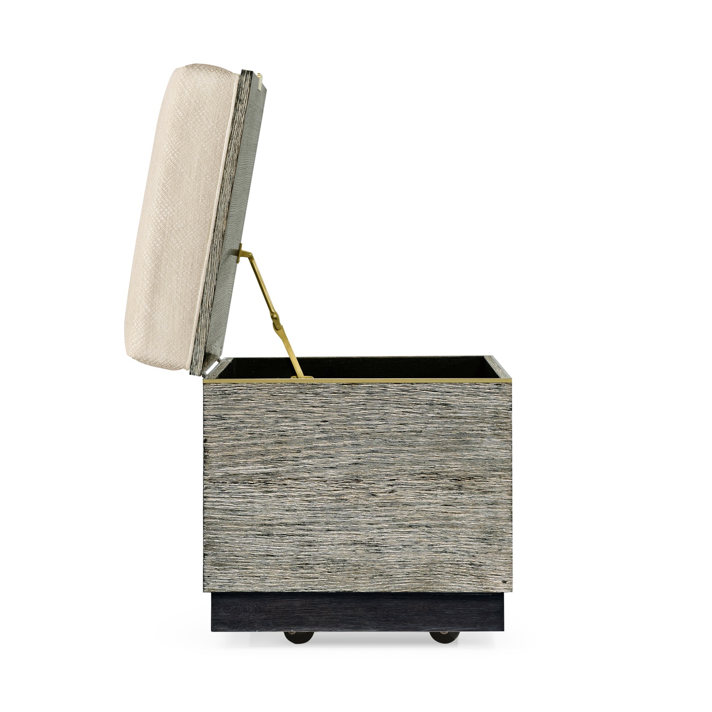 Geometric Dark French Oak Stool with Inside Storage on Wheels