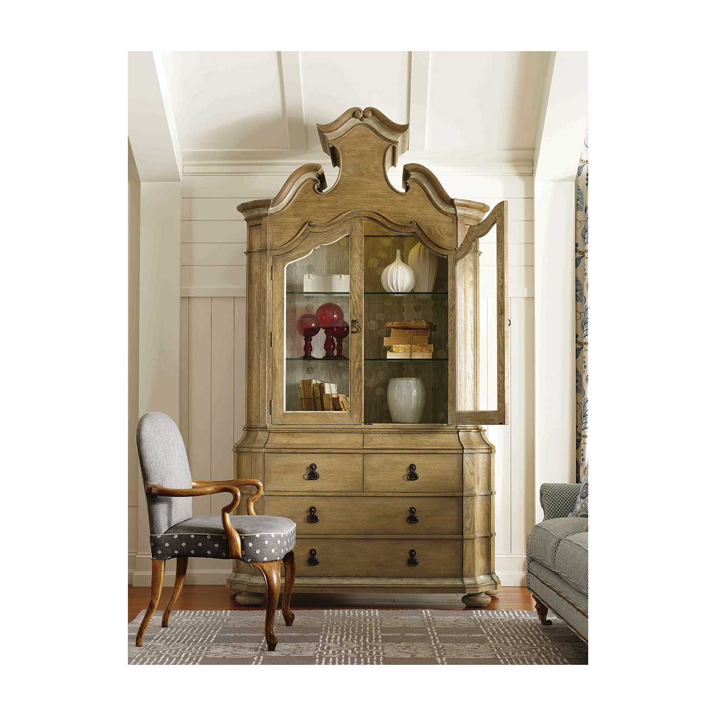 Oulton Vintage Oak Cabinet with Glass Doors & Glass Shelves