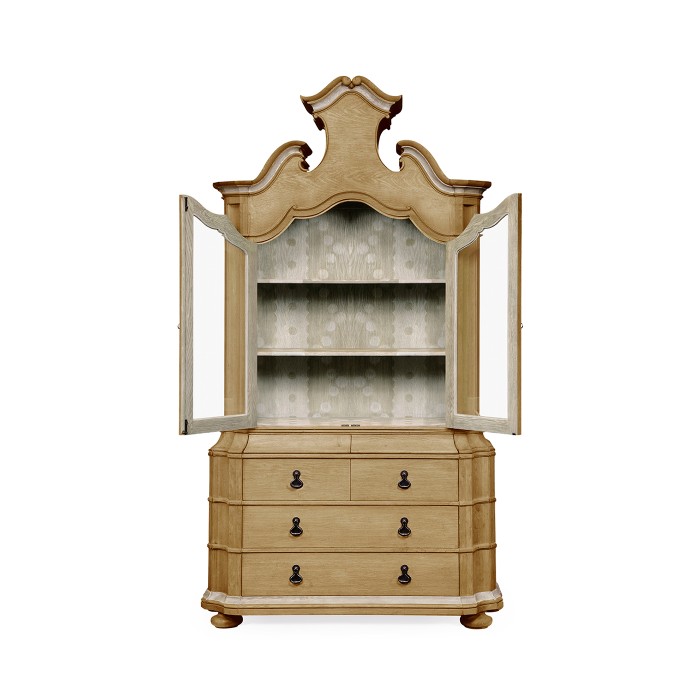 Oulton Vintage Oak Cabinet with Glass Doors & Wooden Shelves