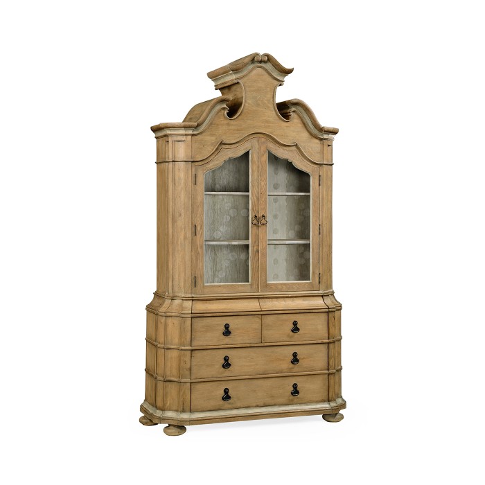 Oulton Vintage Oak Cabinet with Glass Doors & Wooden Shelves
