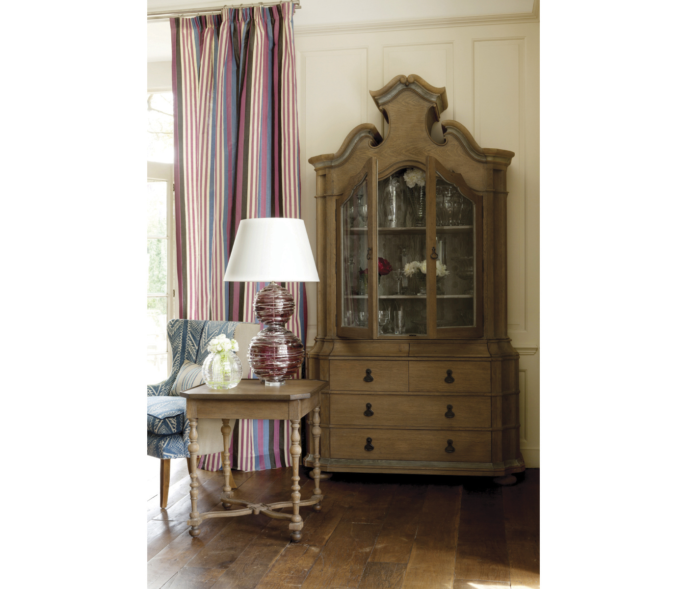 Oulton Vintage Oak Cabinet with Glass Doors & Wooden Shelves