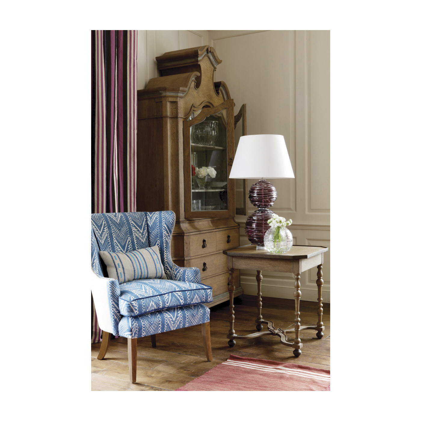 Oulton Vintage Oak Cabinet with Glass Doors & Wooden Shelves