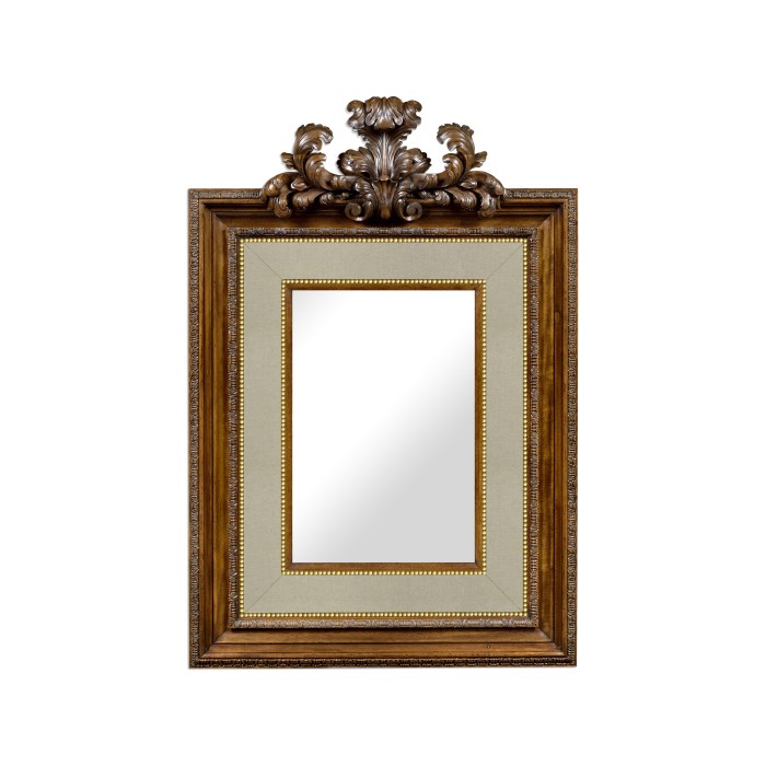 Large Carved Honey Walnut Mirror, Upholstered in MAZO