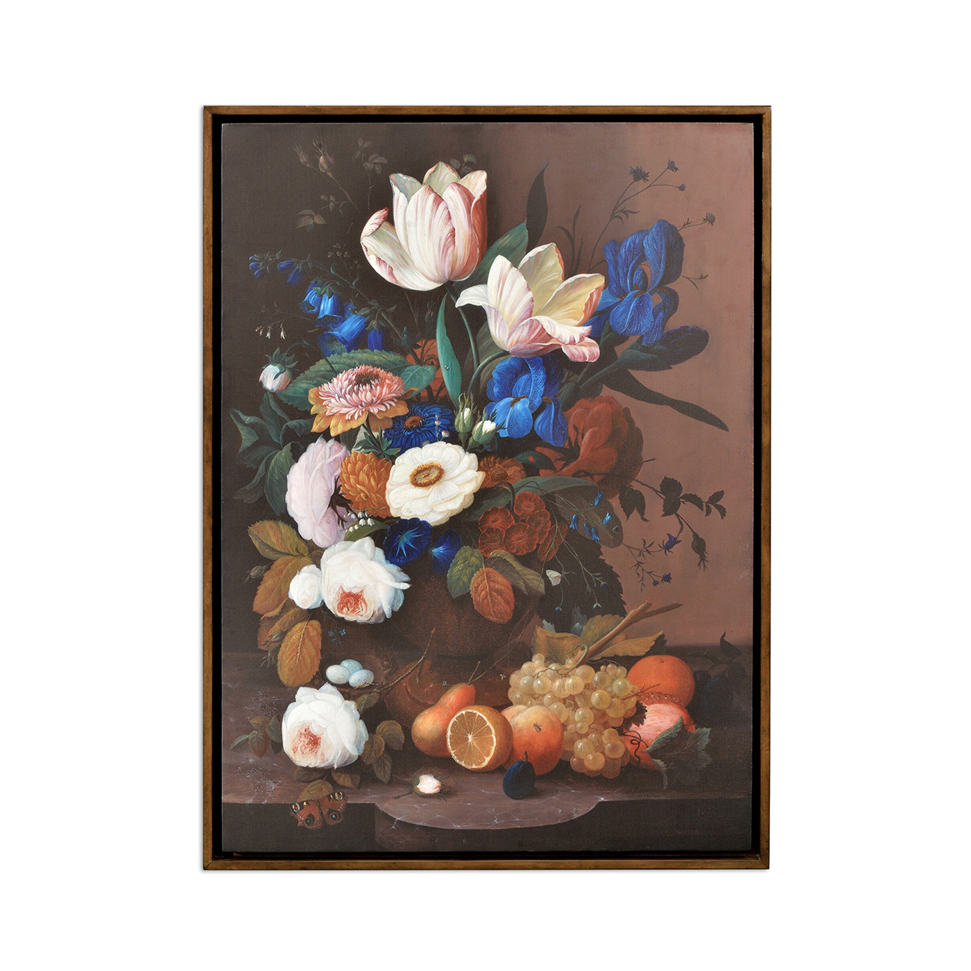 Still Life with Flowers & Fruit Painting on Medium Walnut Frame