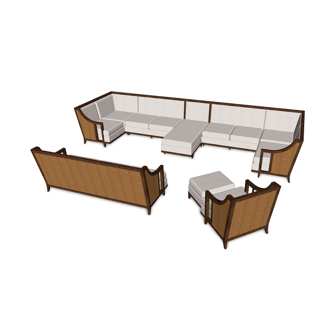 Walnut & Tan Rattan Right One-Seat Sofa Sectional 29