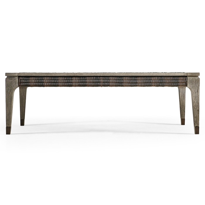 Rectangular Grey & Rattan Coffee Table with a Black Marble Top