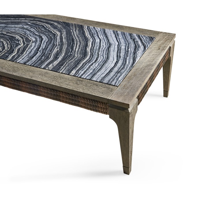 Rectangular Grey & Rattan Coffee Table with a Black Marble Top