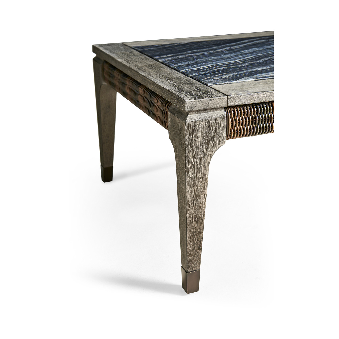 Rectangular Grey & Rattan Coffee Table with a Black Marble Top