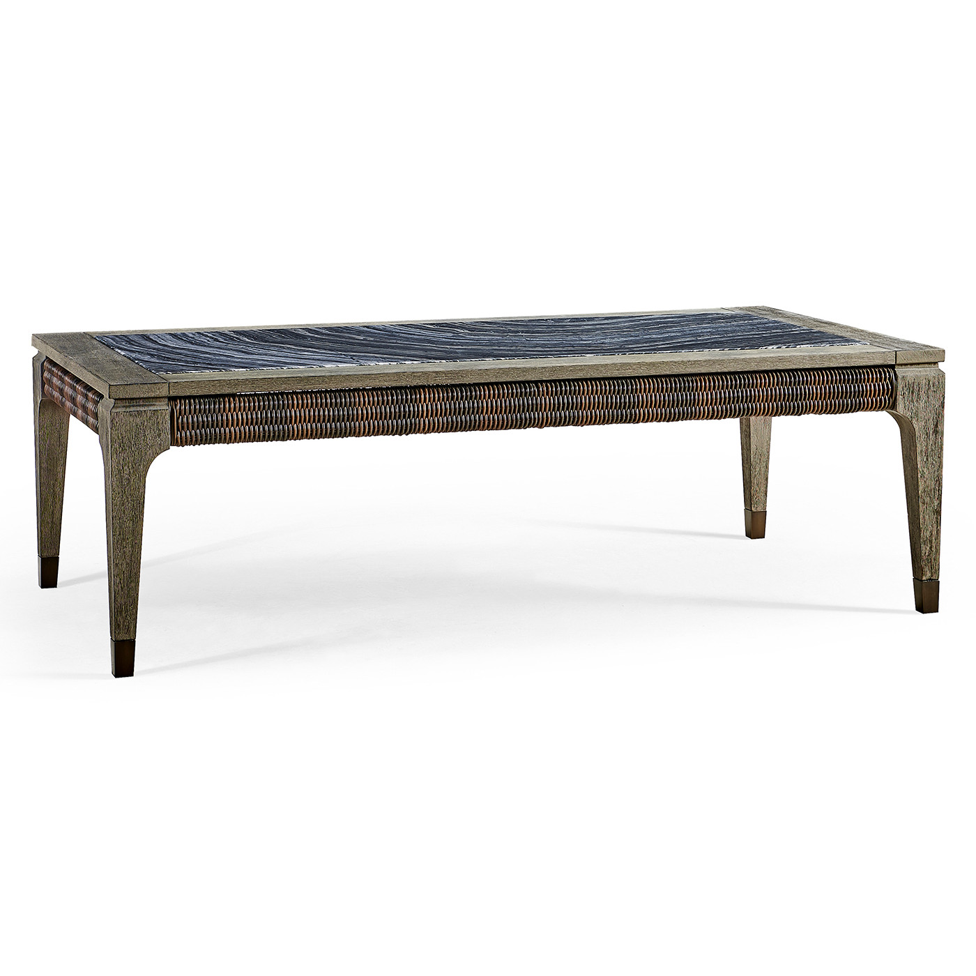 Rectangular Grey & Rattan Coffee Table with a Black Marble Top