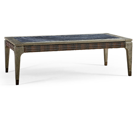 Rectangular Grey & Rattan Coffee Table with a Black Marble Top