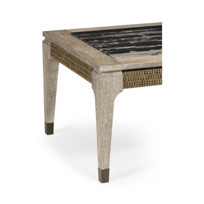 Rectangular Navajo Sand & Rattan Coffee Table with a Black Marble Top