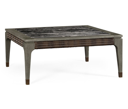 Square Grey & Rattan Coffee Table with a Black Marble Top