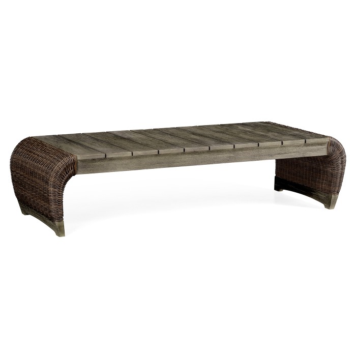 Rectangular Grey & Rattan Cocktail Table with Curved Ends