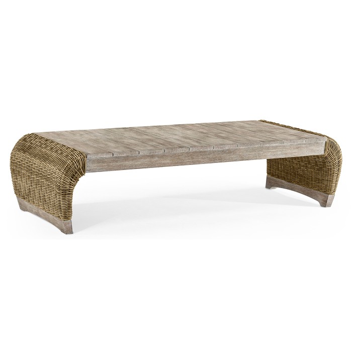 Rectangular Navajo Sand & Rattan Cocktail Table with Curved Ends