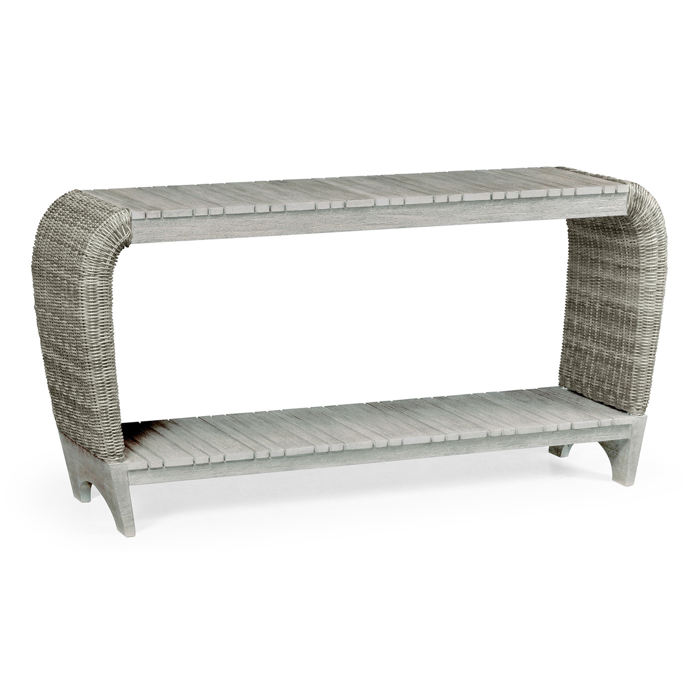 Rectangular Cloudy Grey & Rattan Console Table with Curved Ends