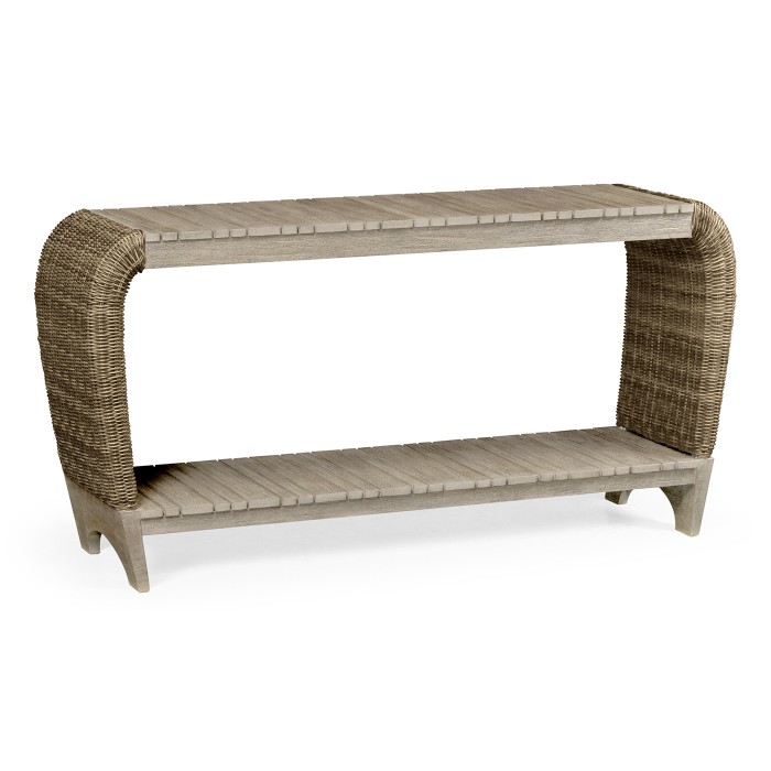 Rectangular Navajo Sand & Rattan Console Table with Curved Ends