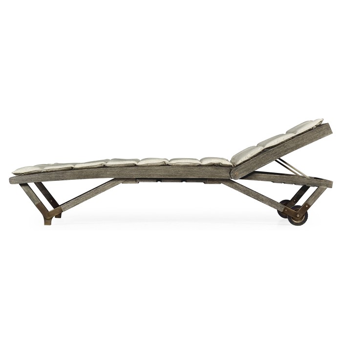 Grey Chaise Lounge on Wheels with a Retractable Drink Holder & Cushion