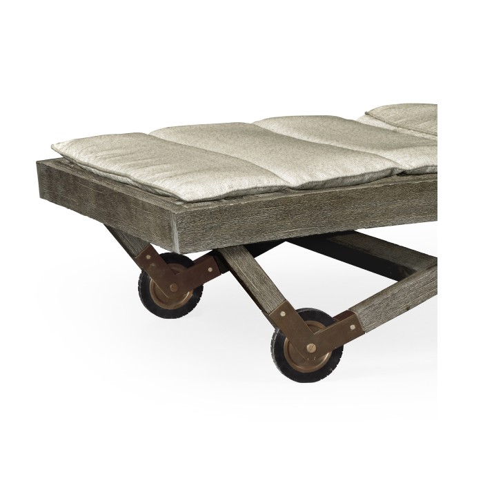 Grey Chaise Lounge on Wheels with a Retractable Drink Holder & Cushion
