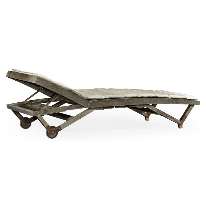 Grey Chaise Lounge on Wheels with a Retractable Drink Holder & Cushion